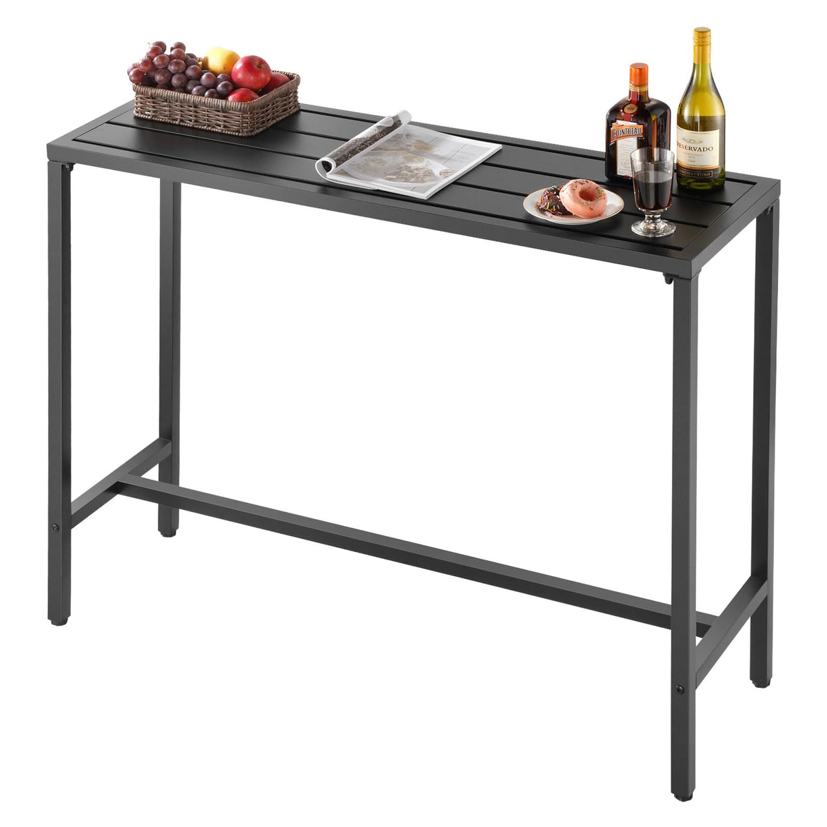 VEVOR outdoor bar table top view showing a spacious 47x15 inch surface ideal for drinks.
