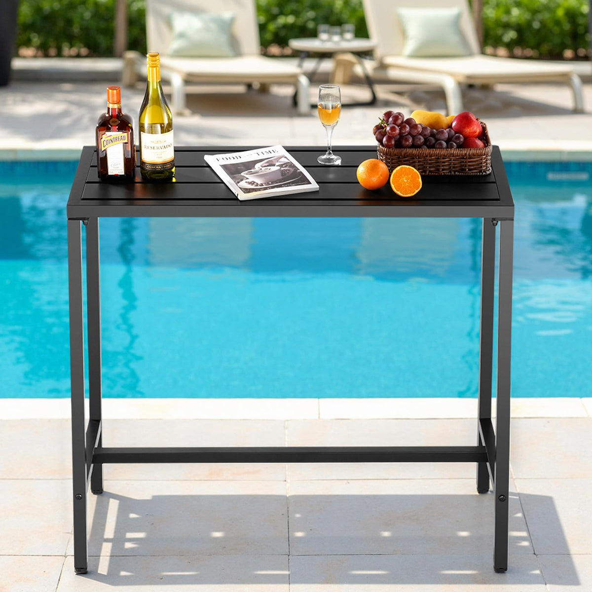 VEVOR outdoor bar table on deck patio view with a sleek black finish