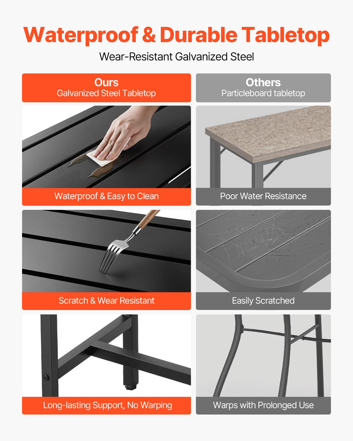 VEVOR outdoor bar table showing quick three-step assembly with included hardware.