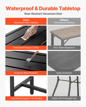 VEVOR outdoor bar table showing quick three-step assembly with included hardware.