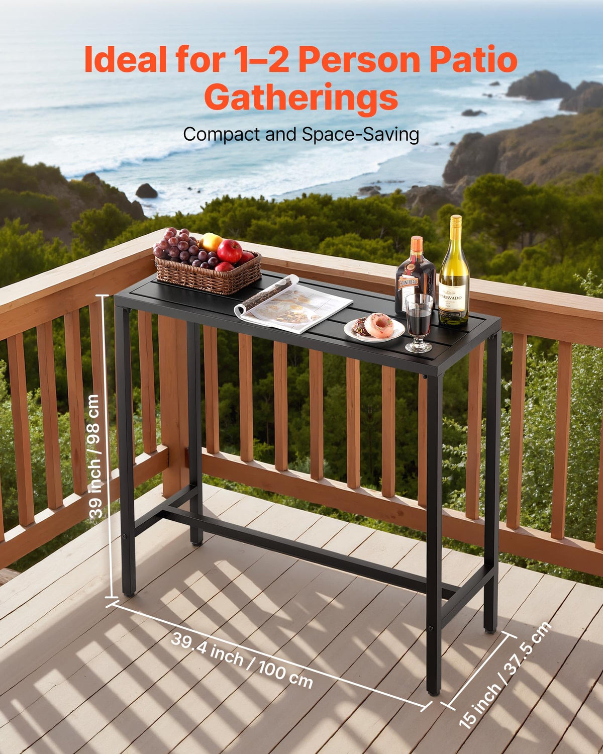 VEVOR outdoor bar table side angle highlighting sturdy carbon steel frame and counter-height design