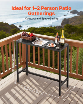 VEVOR outdoor bar table side angle highlighting sturdy carbon steel frame and counter-height design