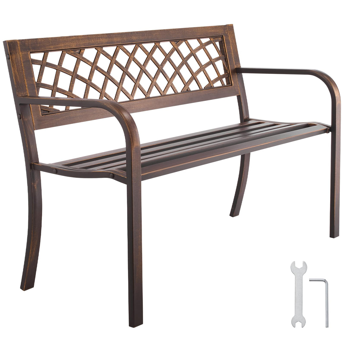 VEVOR outdoor bench front view showing sturdy 46-inch frame for porch seating
