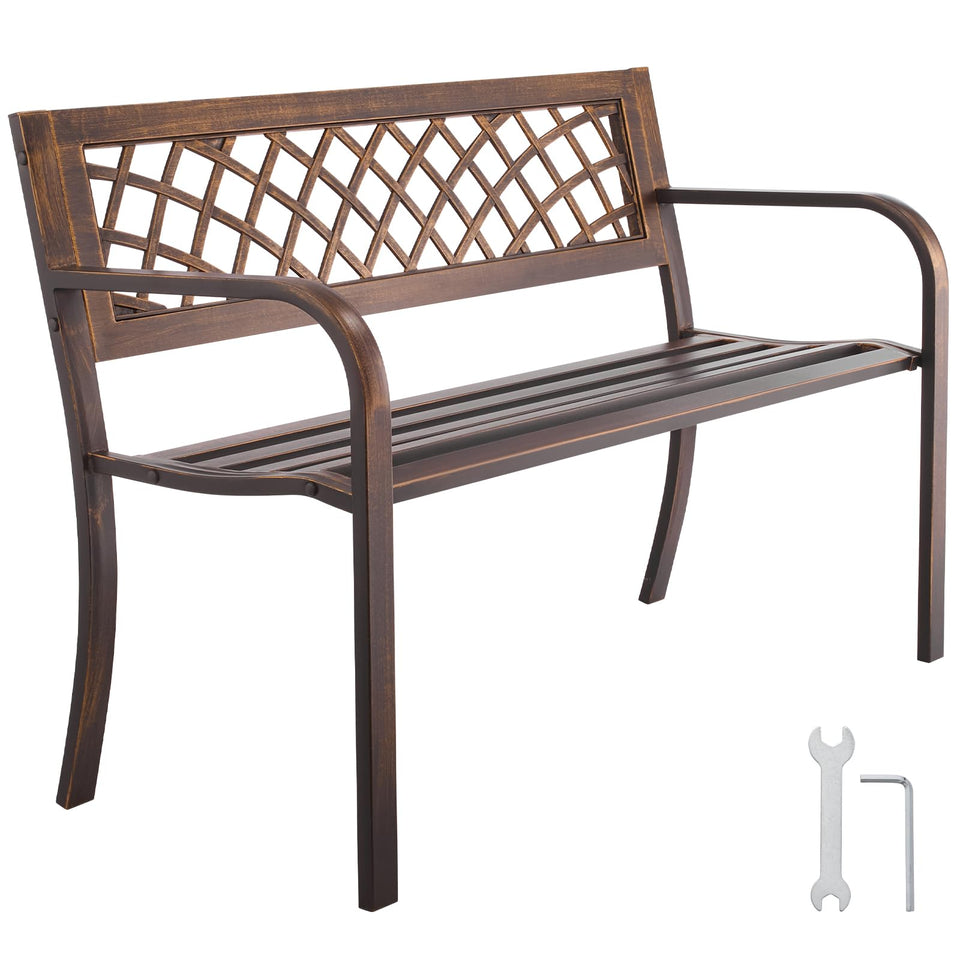 VEVOR outdoor bench front view showing sturdy 46-inch frame for porch seating
