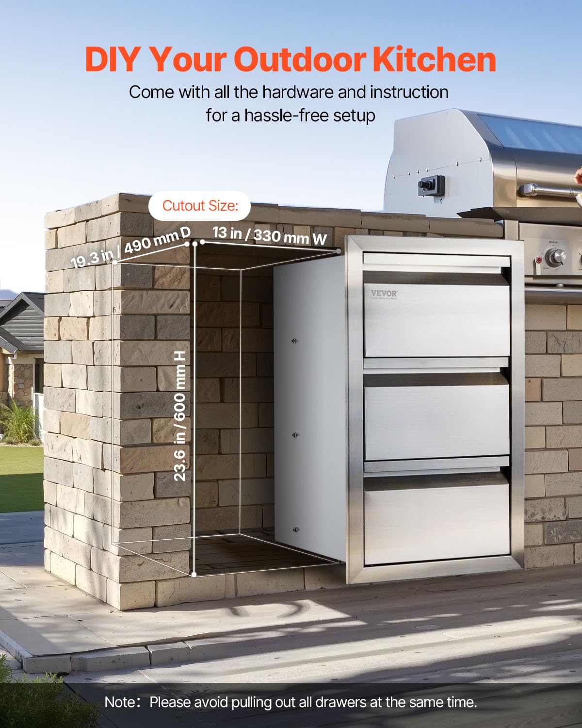 VEVOR Outdoor Kitchen Drawers offering three-tier storage for utensils and accessories.