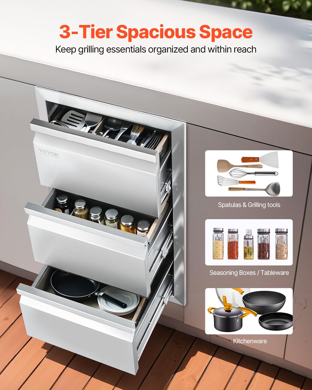 VEVOR Outdoor Kitchen Drawers with smooth sliding rails for quiet operation.