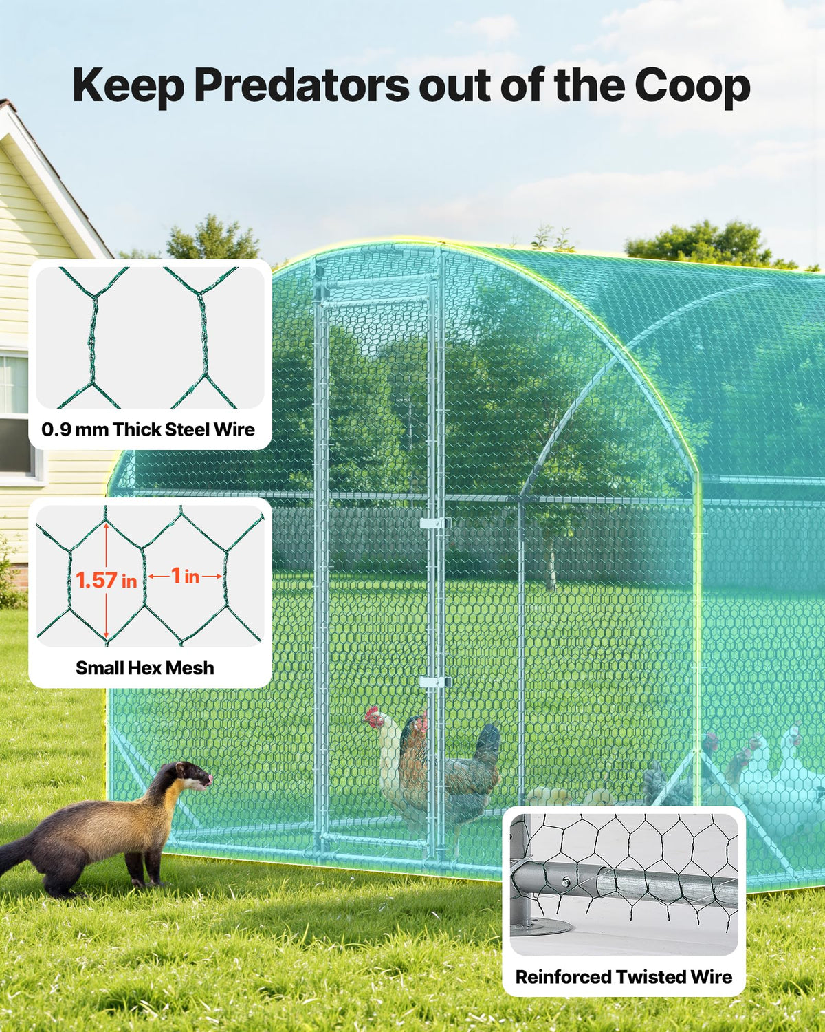 VEVOR hex mesh poultry pen enhances security while promoting airflow.