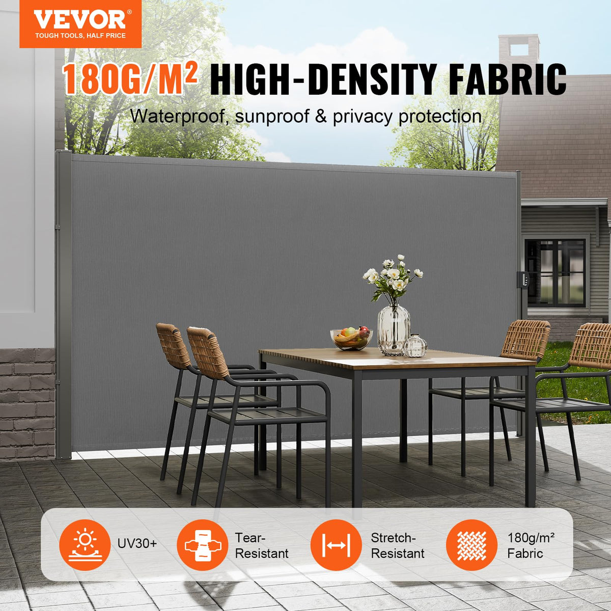 VEVOR outdoor privacy screen fabric offers UV30+ protection and weather resistance.