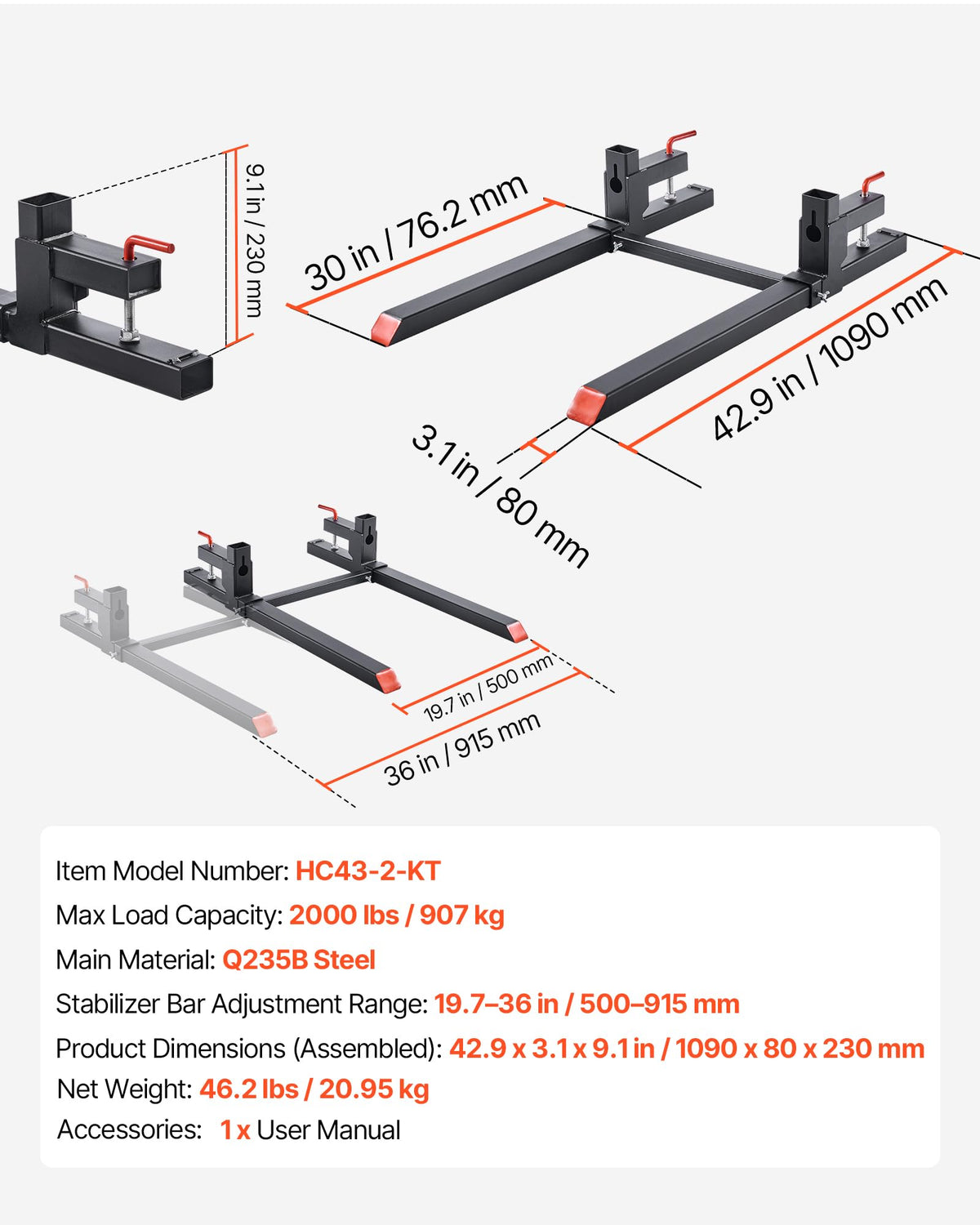 VEVOR pallet forks built with Q235B steel and powder coating