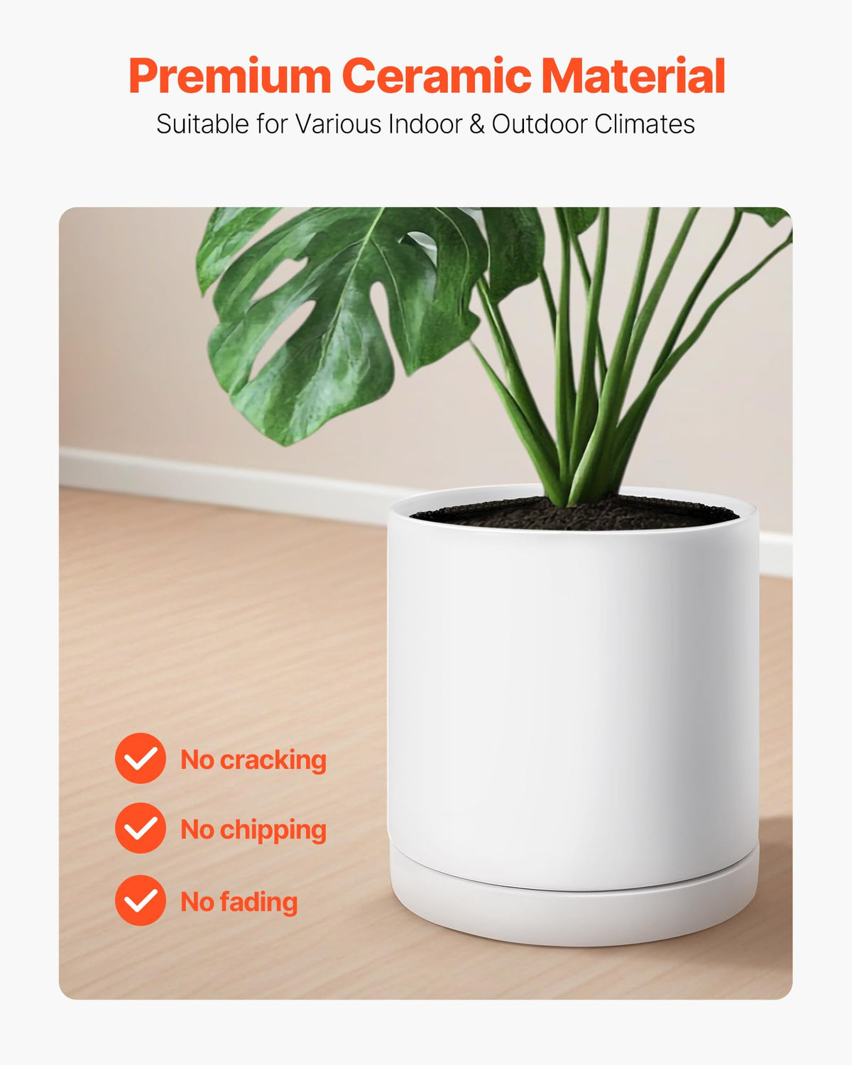 VEVOR plant pot removable saucer helps keep surfaces clean.
