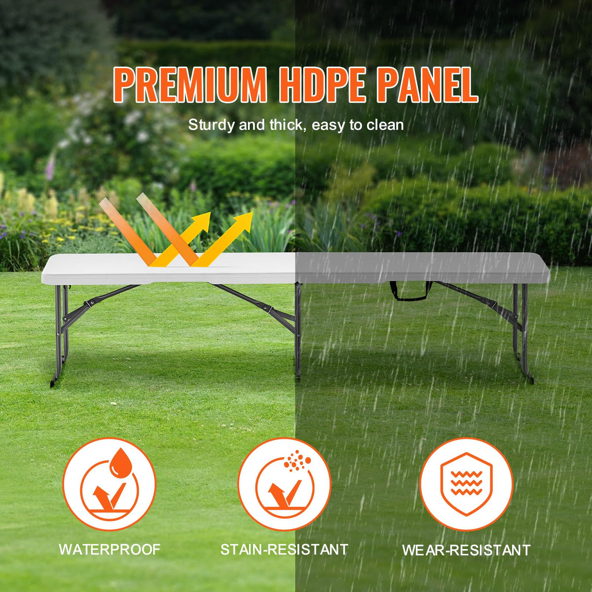 VEVOR plastic folding bench folded for compact storage and transport