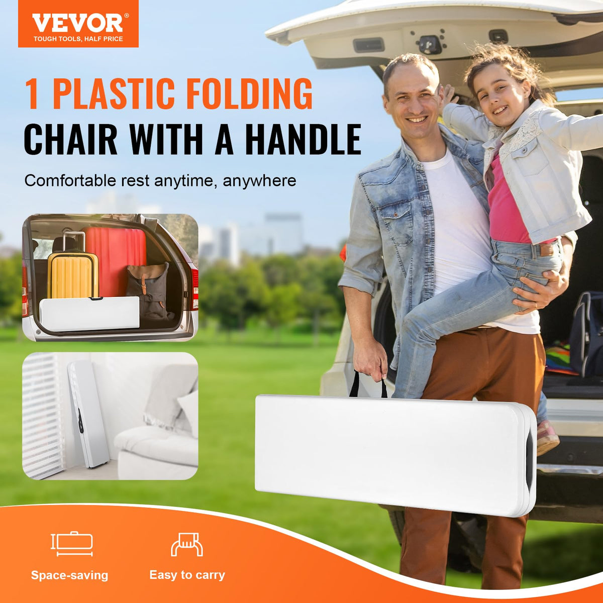VEVOR plastic folding bench side view highlighting portability and stability