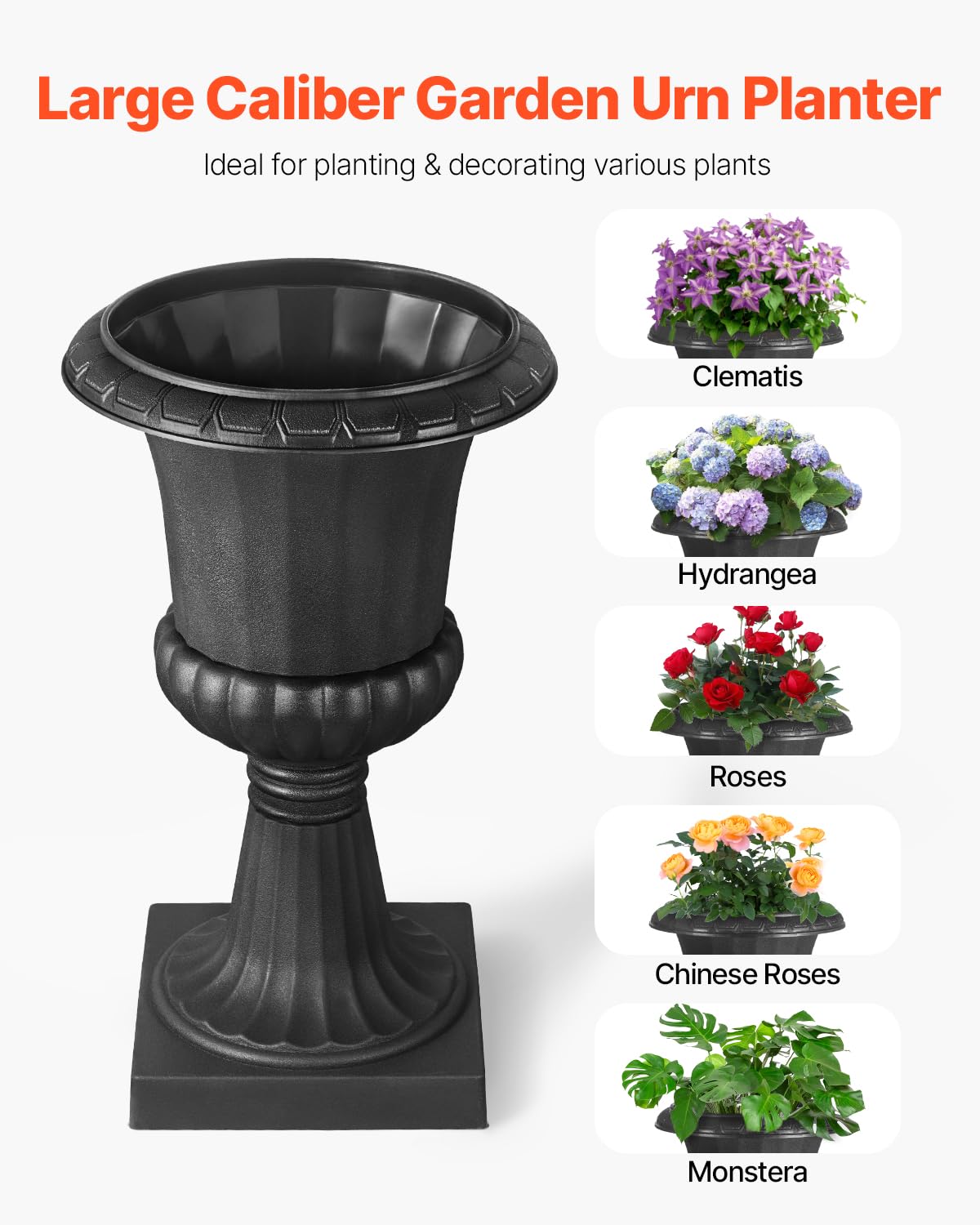 Two-pack black urn planters with sturdy, lightweight design for easy placement
