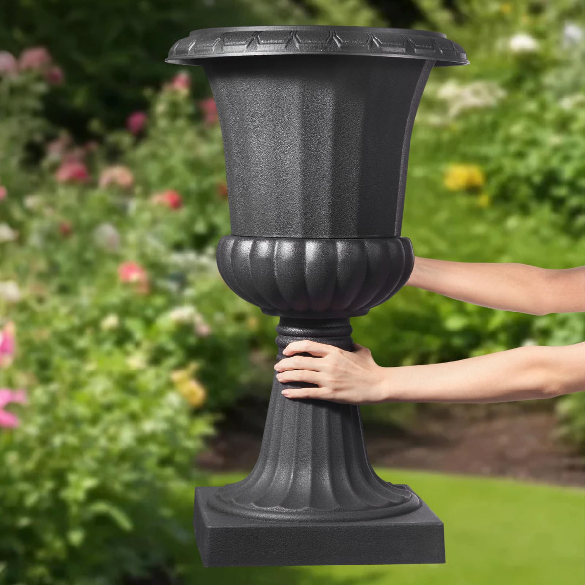 Classic black finish complements porches, gardens, and event spaces