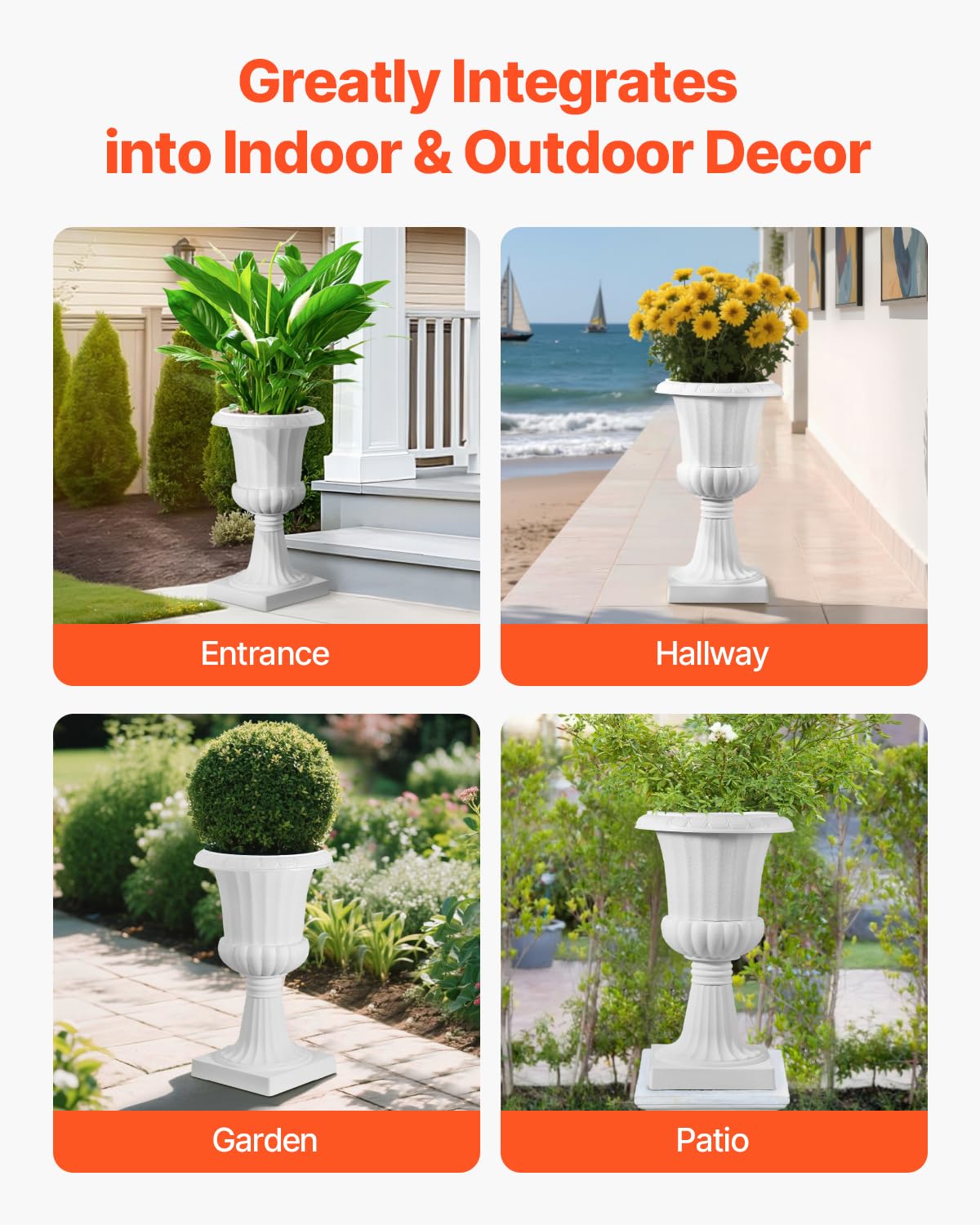 Two-pack white urn planters ideal for wedding or event backdrops