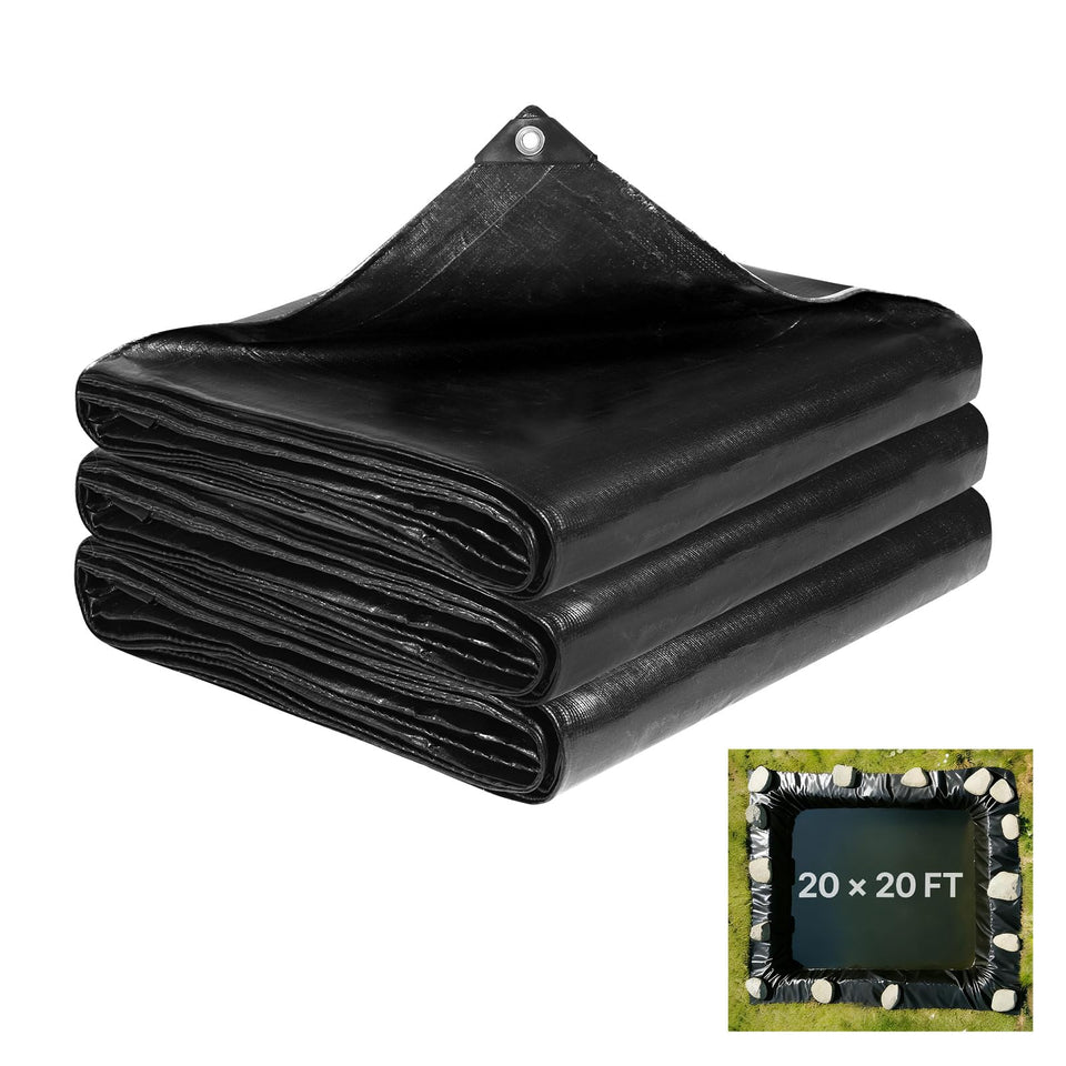 VEVOR pond liner 20x20 ft with hemmed edge for durable outdoor ponds.