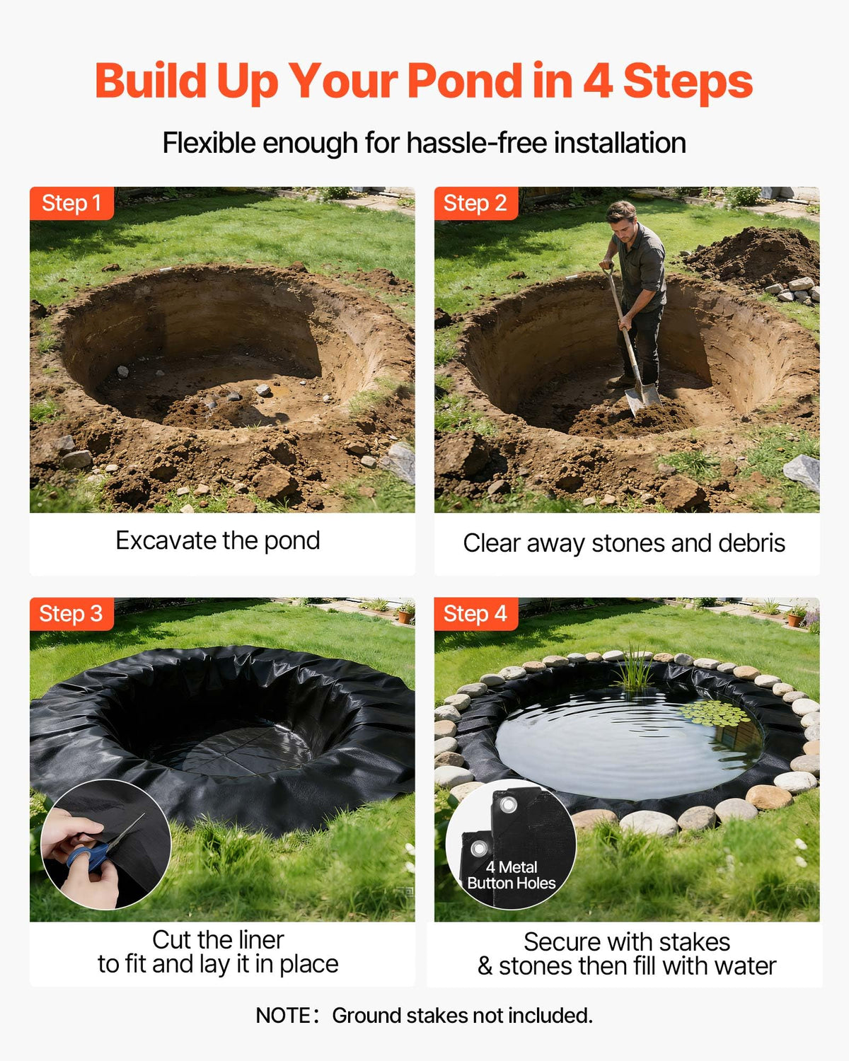 VEVOR pond liner trimmed to fit diverse pond shapes.
