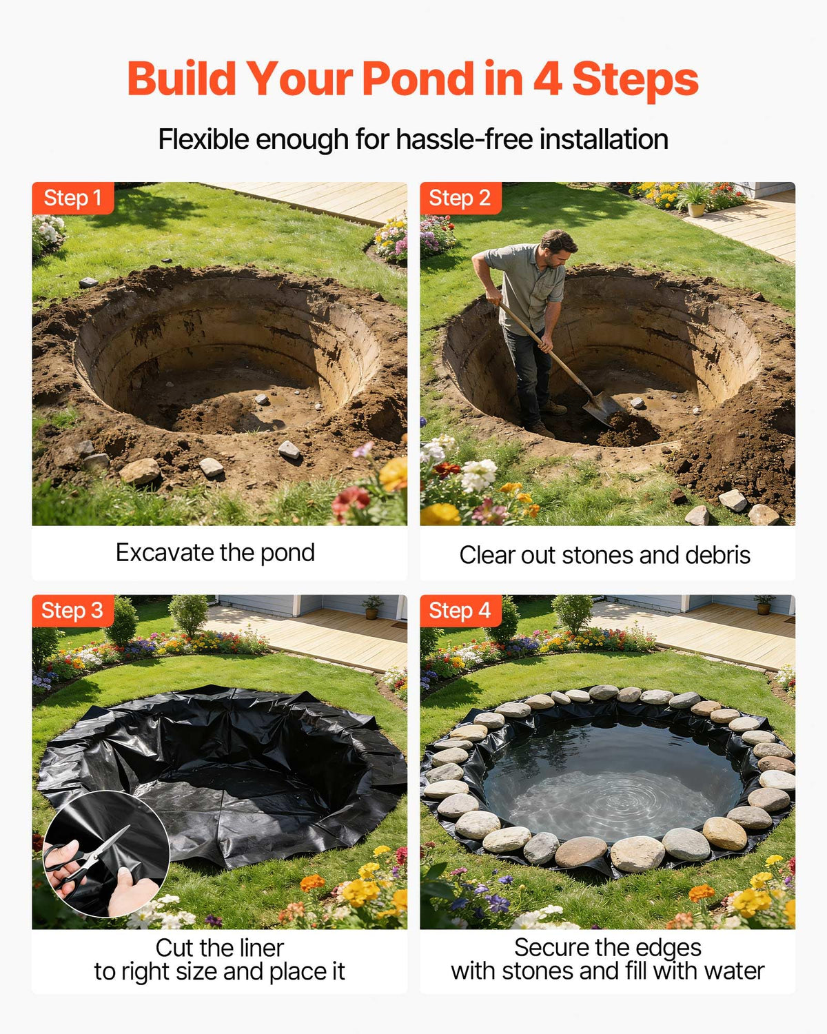 VEVOR liner edge secured with stones along pond perimeter