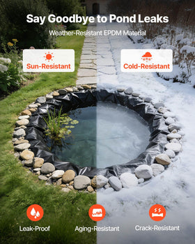 VEVOR outdoor pond liner under sun and rain showing flexibility