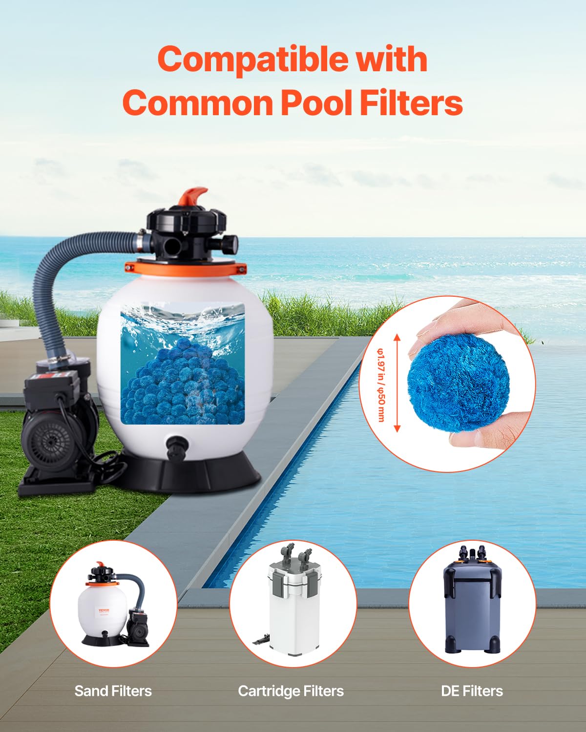 VEVOR filter media balls compatible with sand, cartridge, and DE filters
