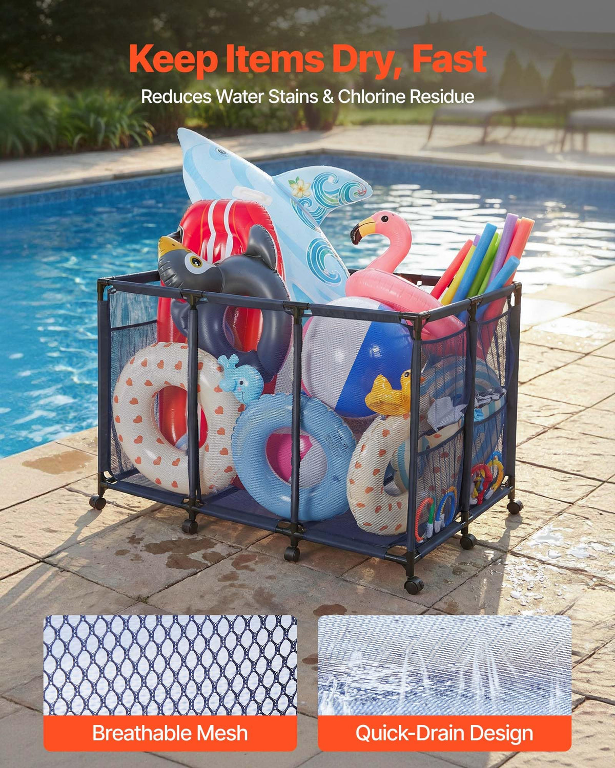 VEVOR pool storage bin reinforced metal frame for lasting durability.