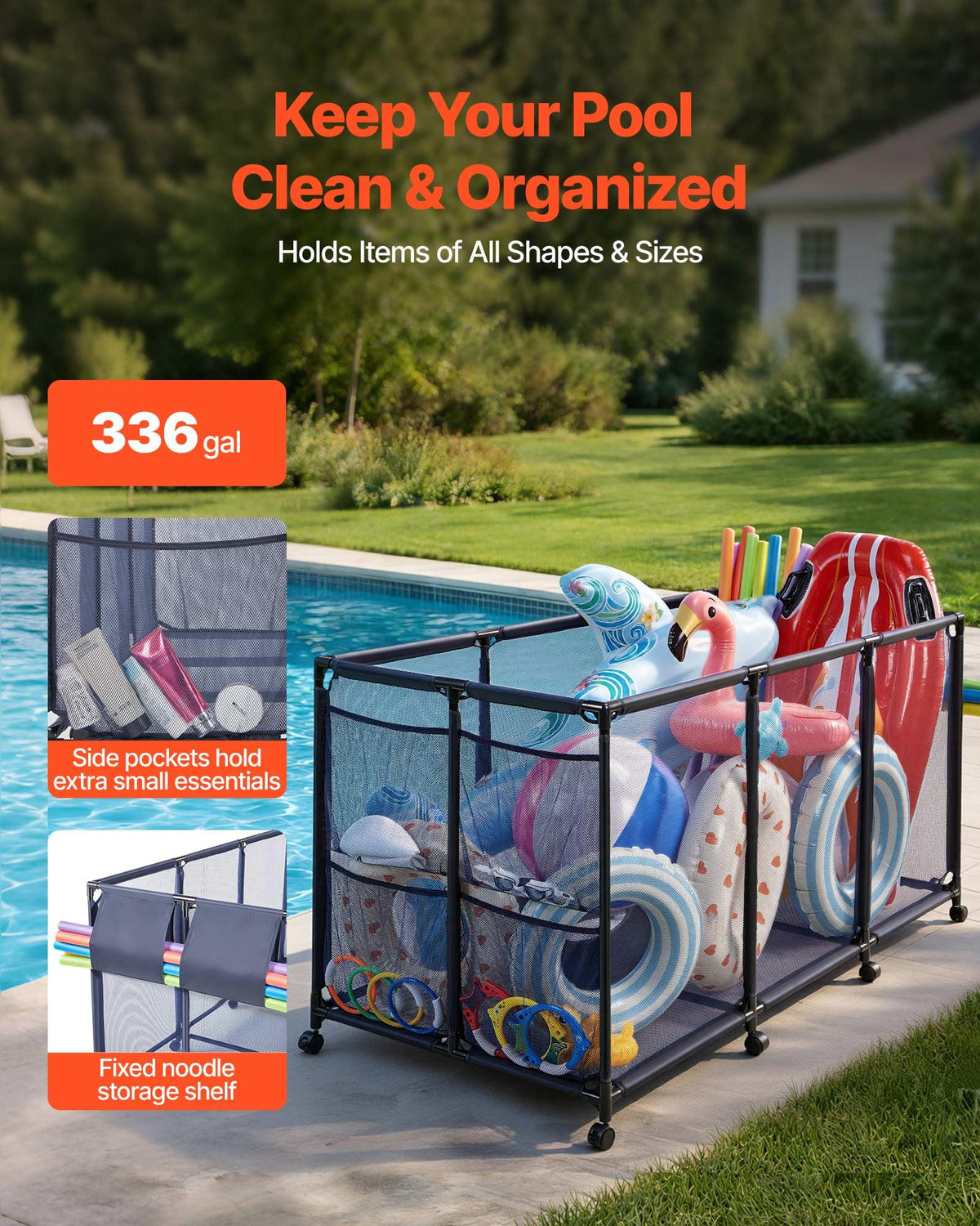 VEVOR Pool Storage Bin side pocket detail keeping goggles within easy reach.