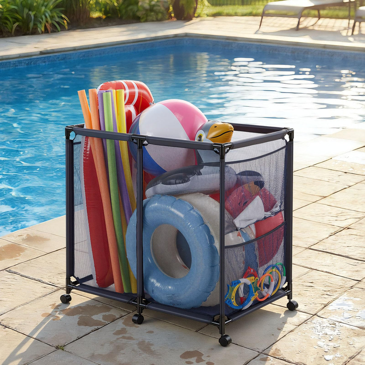 VEVOR pool storage bin shows spacious capacity for bulky items