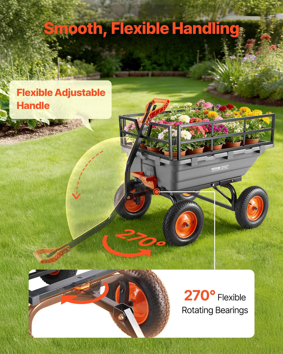 VEVOR rust-treated frame and PP tray withstand outdoor use.
