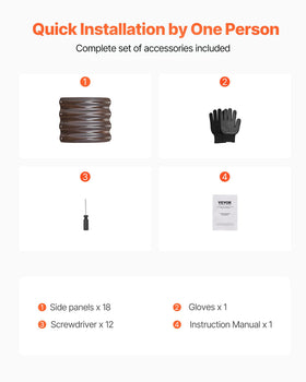 Pre-drilled screws and manual shown for quick assembly