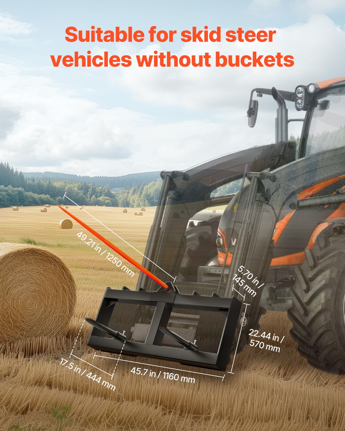VEVOR hay spear fits most quick-attach skid steer systems.