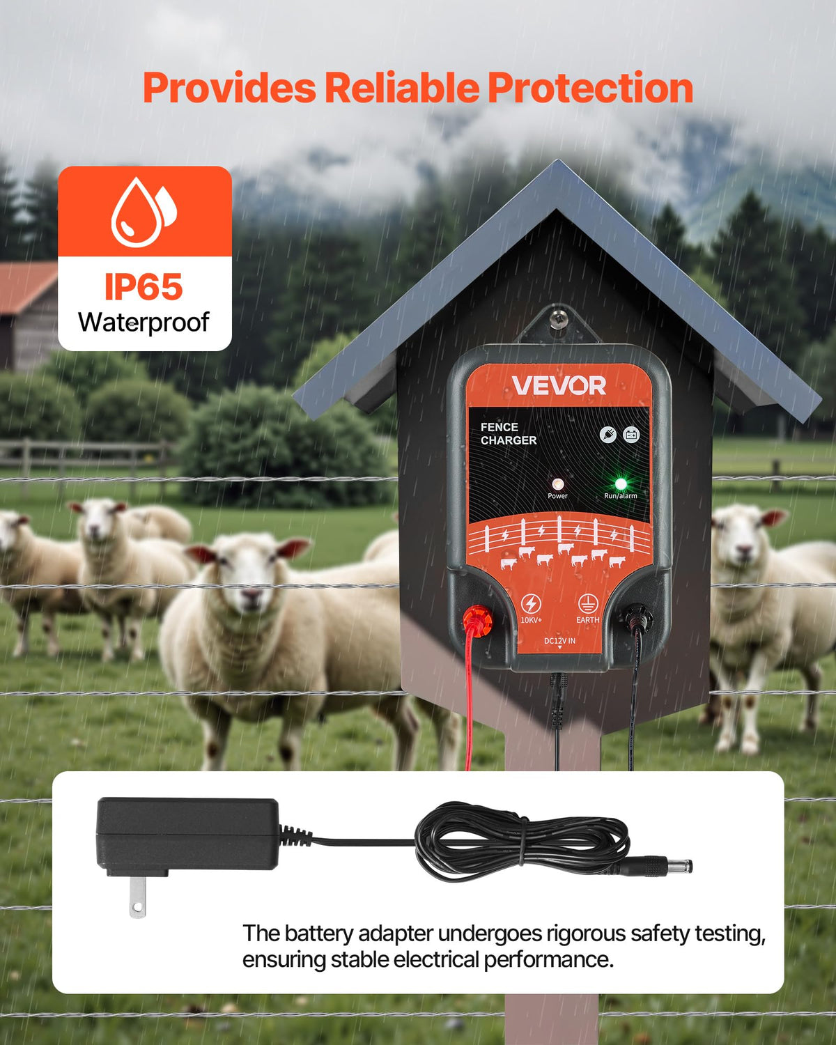 VEVOR range graphic illustrates up to 1-3 km coverage for livestock areas.