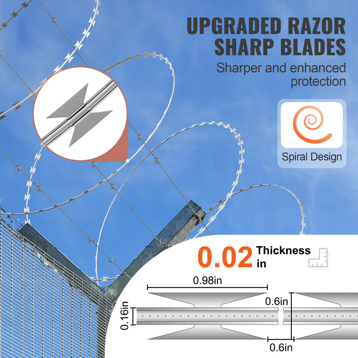 VEVOR Razor Wire coil diameter 19 inches highlights sturdy construction.