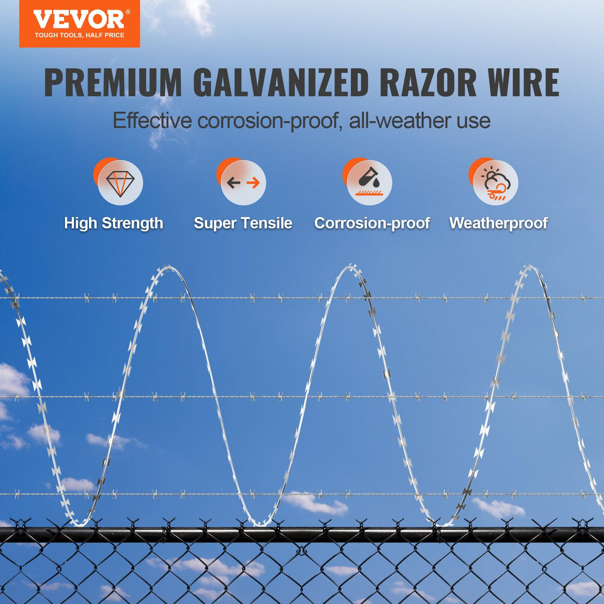 VEVOR Razor Wire coils illustrating spiral design for strong deterrence.