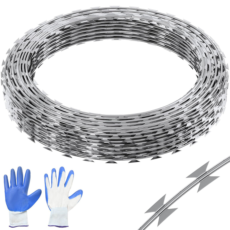 VEVOR Razor Wires shows 98ft coverage across two rolls for perimeter security.