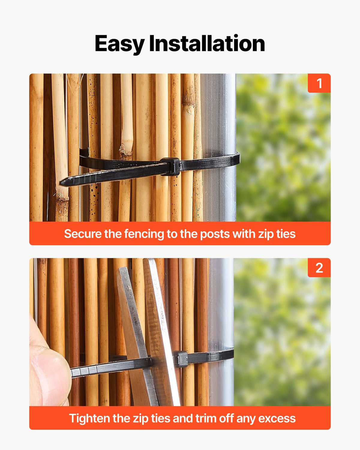 Custom-fit reed fencing trimmed to fit a wooden railing