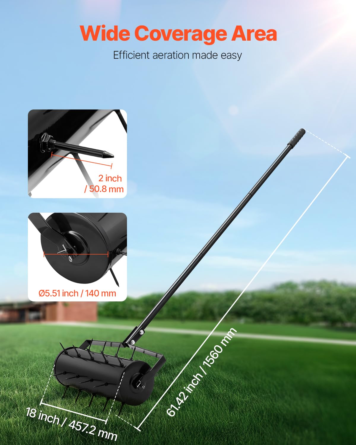 VEVOR rolling lawn aerator 27 spikes enhances soil perforation for better water penetration.
