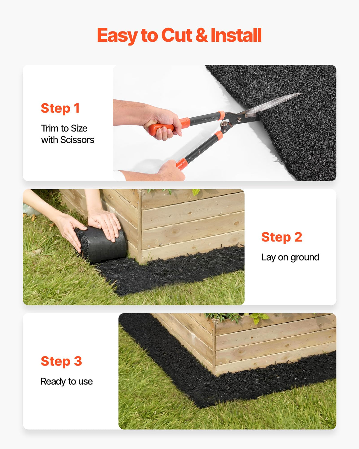 VEVOR rubber mulch mat roll demonstrates easy cutting to fit irregular spaces.