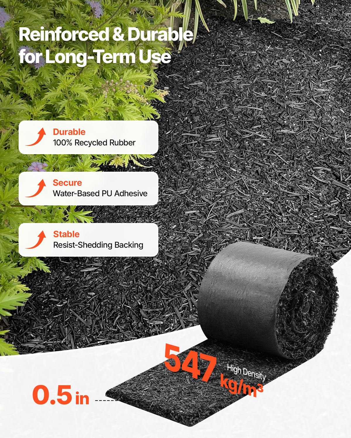 VEVOR rubber mulch mat roll demonstrates weed-blocking capability for tidy beds.