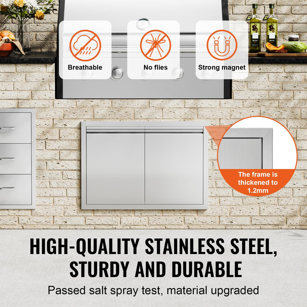 VEVOR installation setup with precise dimensions for outdoor kitchen cabinet