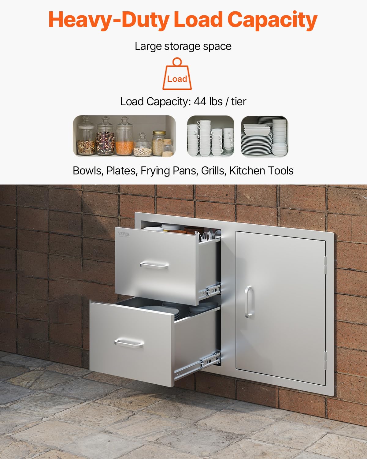 VEVOR stainless steel drawer construction resists rust and weather