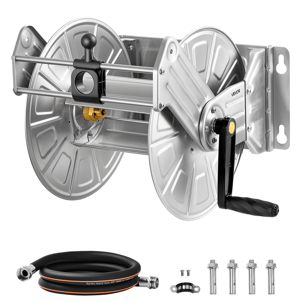 VEVOR stainless-steel wall-mounted hose reel with 150ft capacity for versatile outdoor watering.