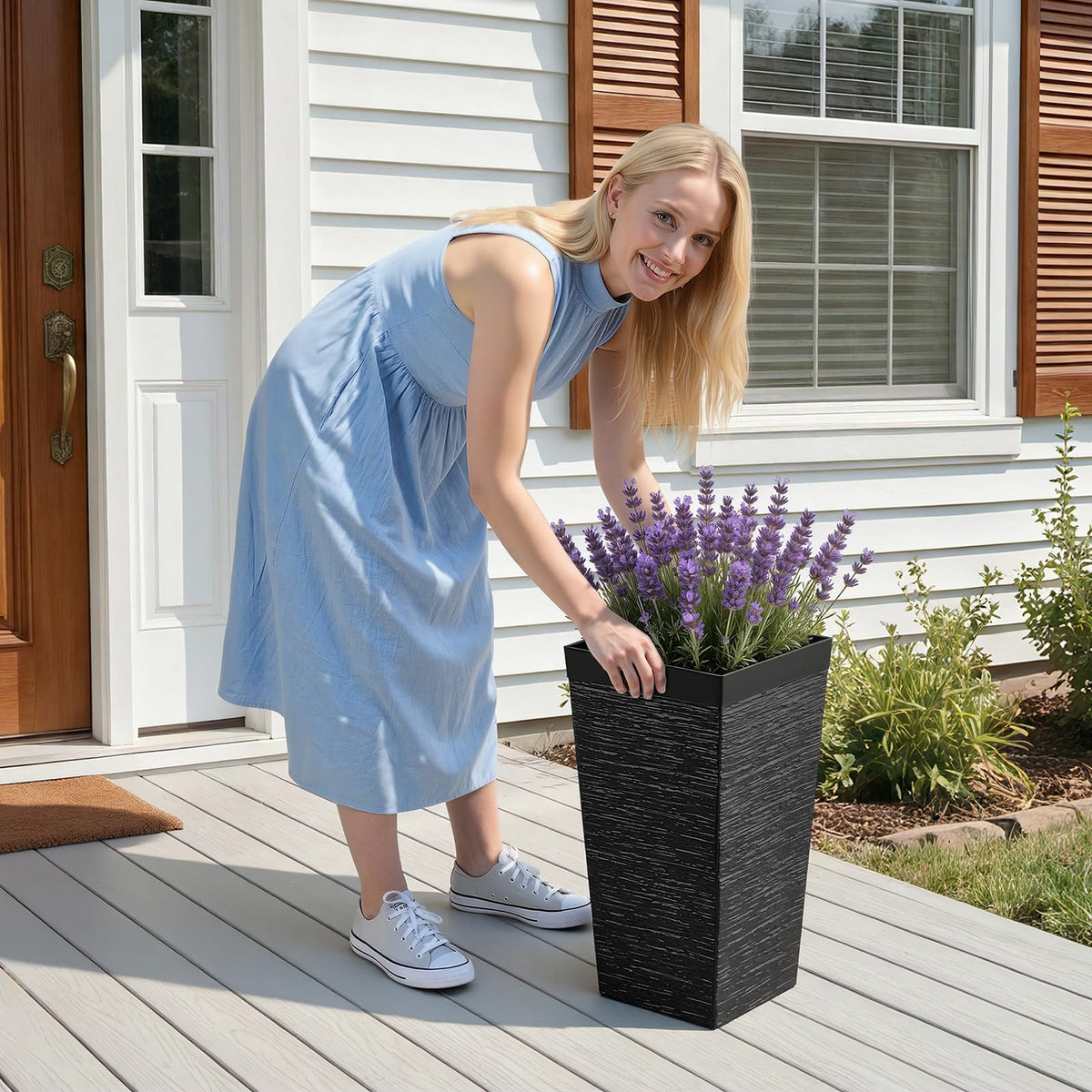VEVOR weather-resistant planter standing tall against sun rain and snow.