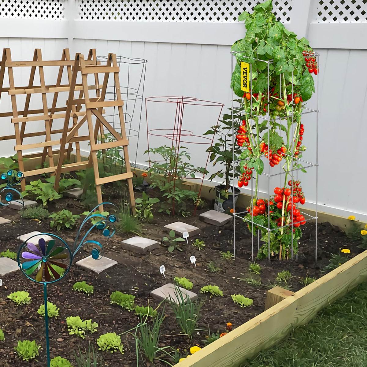 VEVOR tomato cages fold flat for off-season compact storage.