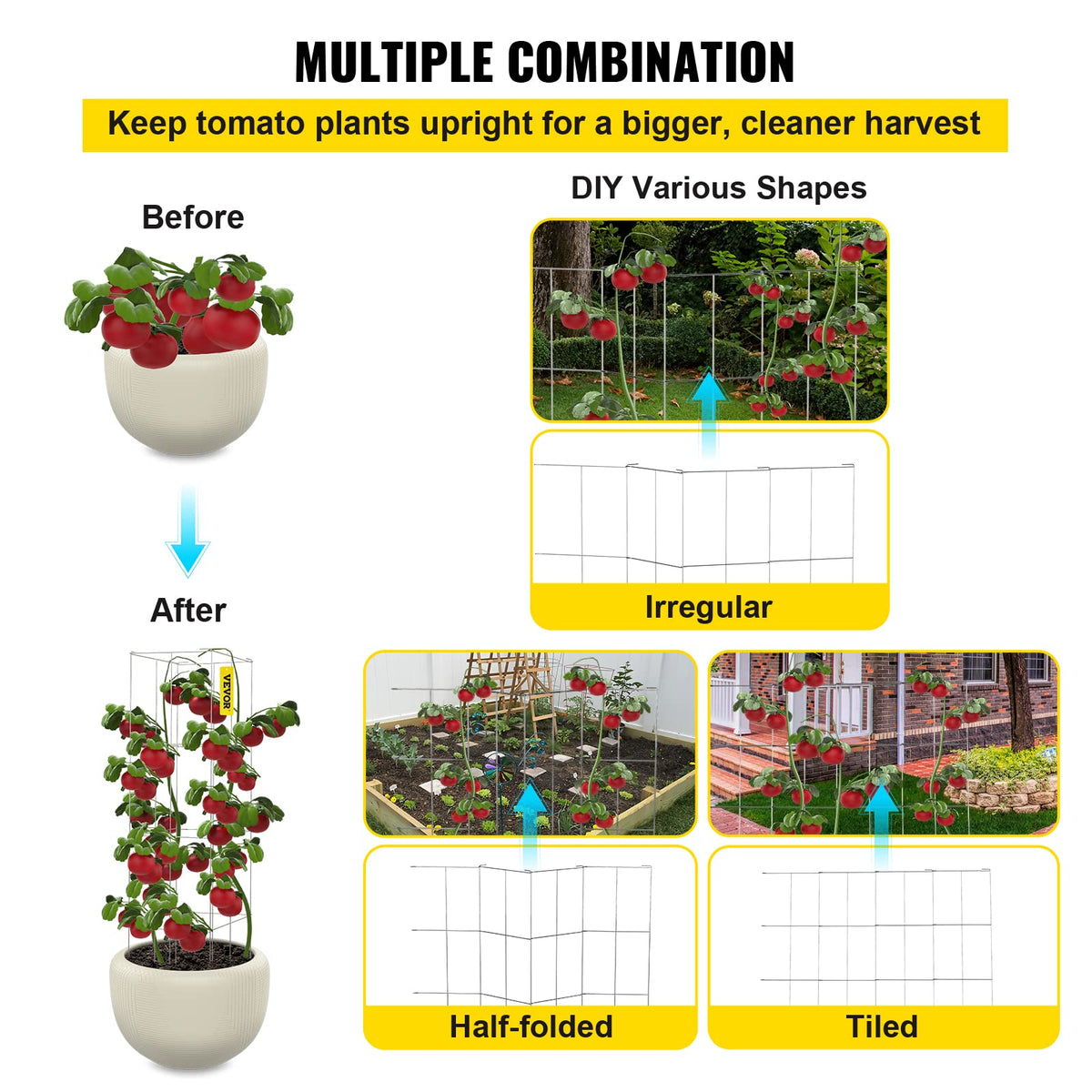 VEVOR tomato cages interlock system allows customizable shapes and easy storage.