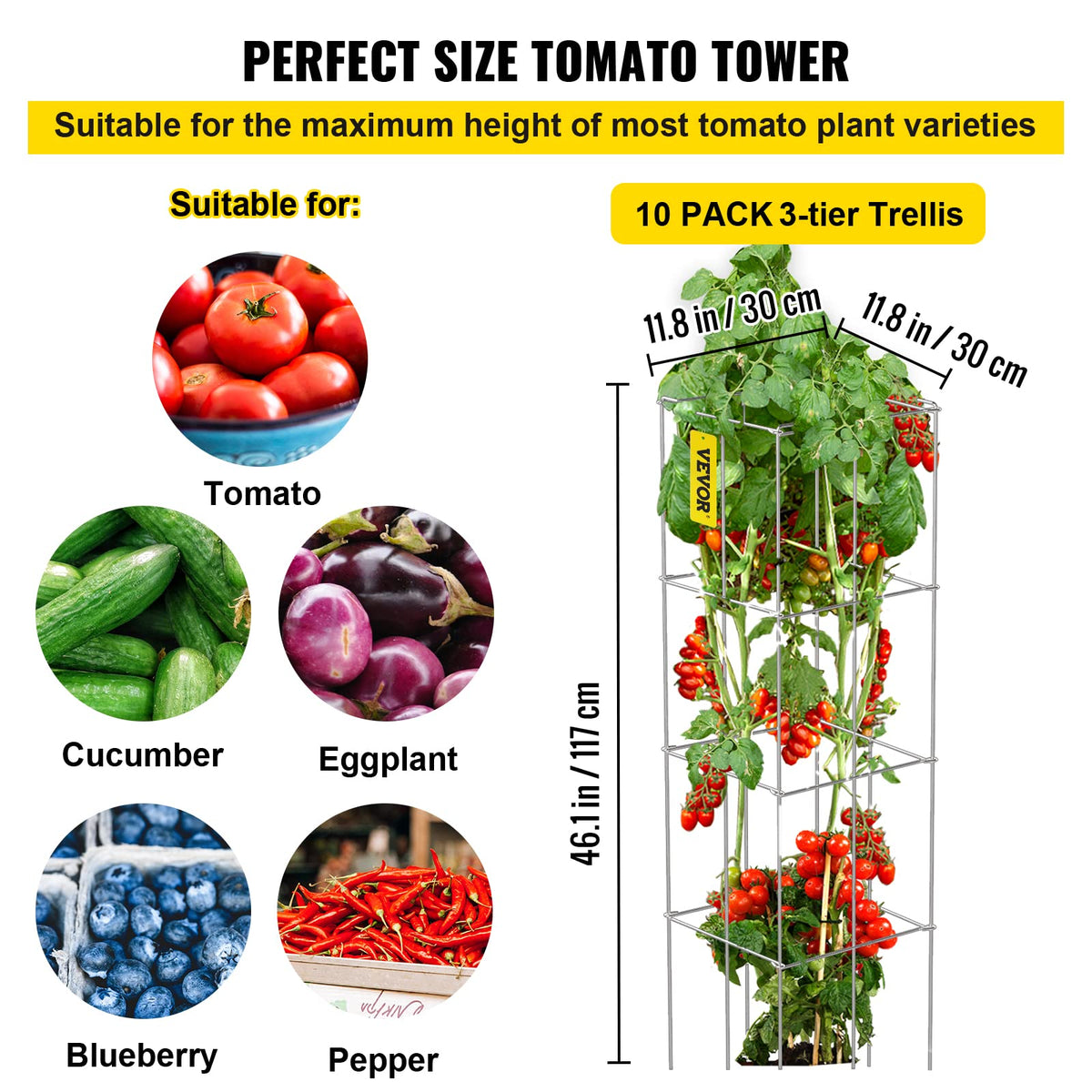 VEVOR tomato cages with PVC coating resist rust for long-lasting garden support.