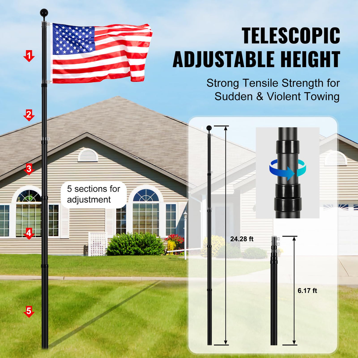 VEVOR flag pole twist-lock mechanism for secure height adjustments