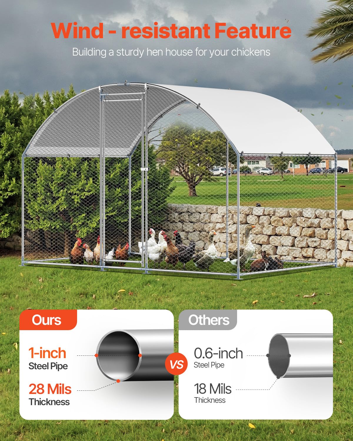 VEVOR walk-in chicken coop with run assembly view highlighting easy setup for two people.