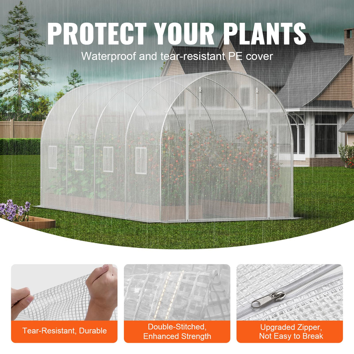 VEVOR Walk-in Tunnel Greenhouse cover detail illustrating 140 g/m² PE weather resistance.