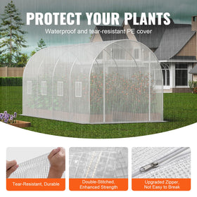 VEVOR Walk-in Tunnel Greenhouse cover detail illustrating 140 g/m² PE weather resistance.