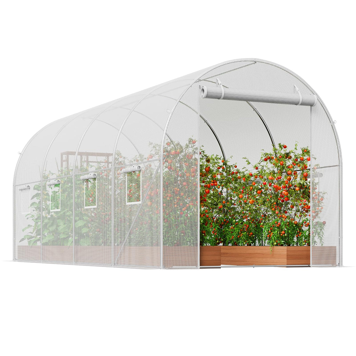 VEVOR Walk-in Tunnel Greenhouse interior setup with natural light and thriving seedlings.